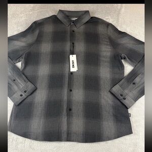 DKNY mens long sleeve black gray button up shirt size XL